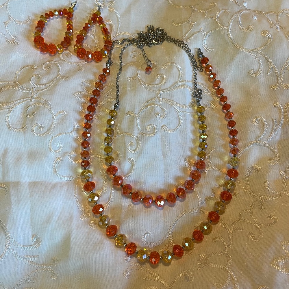 Orange and Gold Double-Strand Beaded Necklace With Matching Earrings
